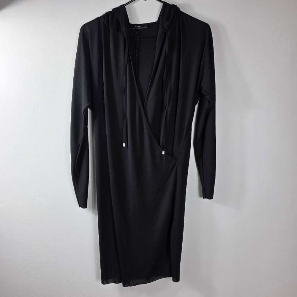 ZARA Black Drape Front‎ Hooded Long Sleeve Midi Dress M